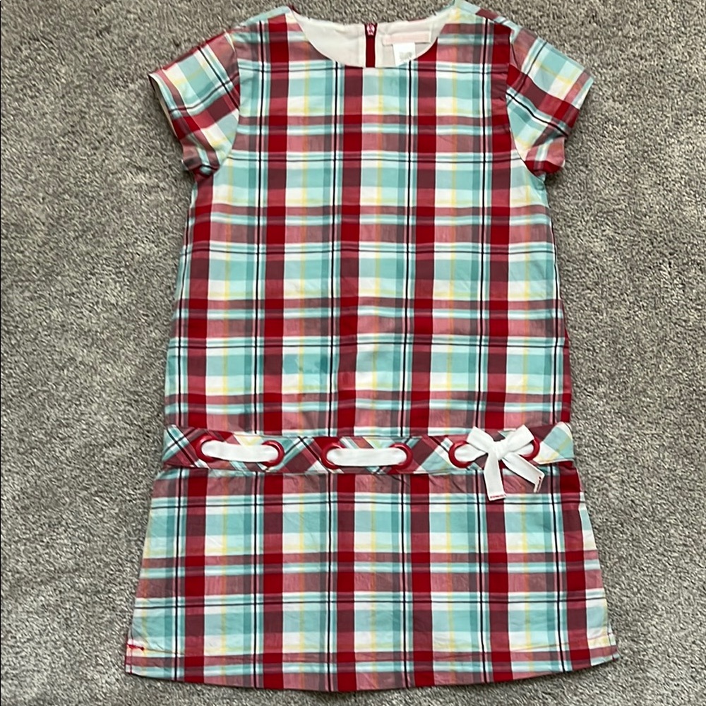 Janie and Jack Red/White/Blue Plaid Drop Waist Dress with Cuffed Sleeves Size 6